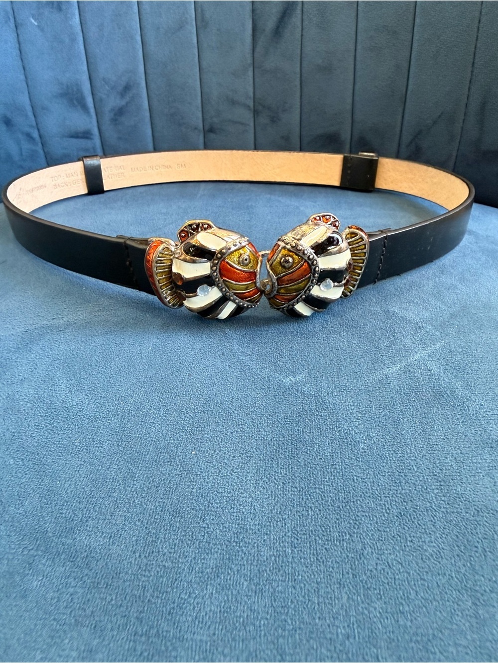 Chico’s Leather Belt Tropical Fish Enamel Buckle Black Size S - Picture 1 of 3